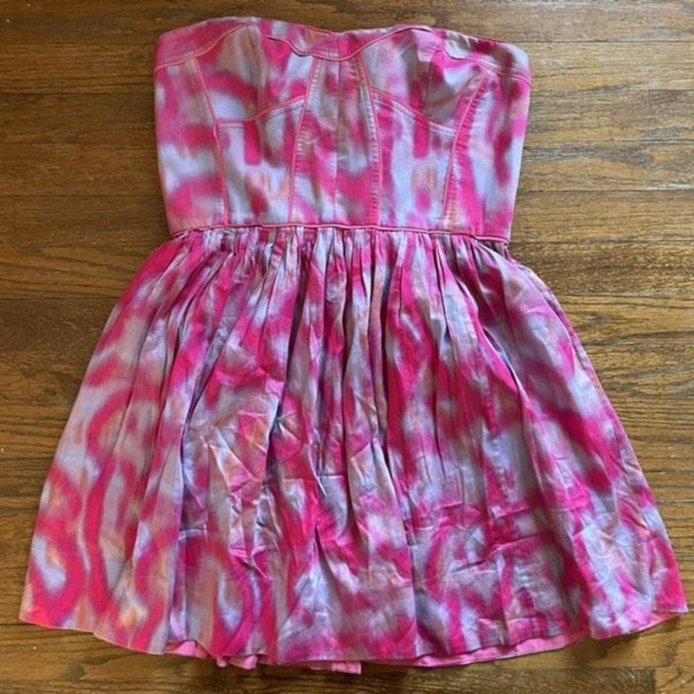Rebecca Taylor Pink & Blue Tie Dye Strapless Fit & Flare Mini